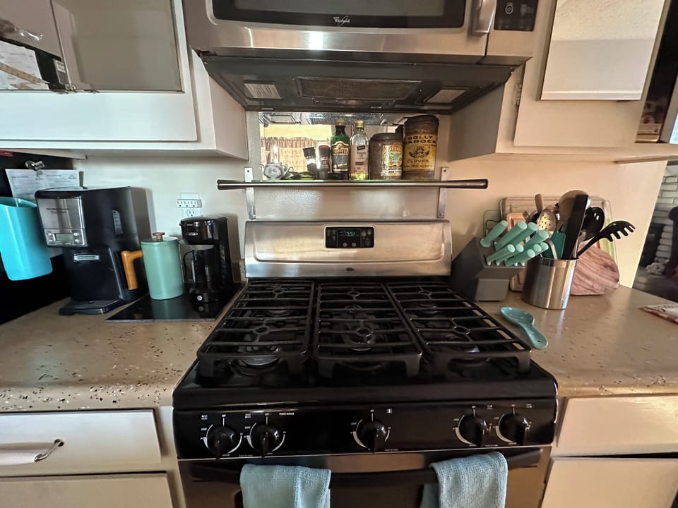 Gas stove with microwave, Keurig & drip coffee pot 