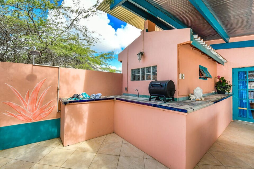 The property features an outdoor kitchen equipped with a charcoal grill.