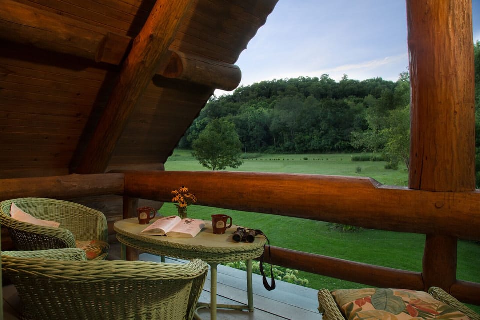 Balcony with wicker furniture, view of lawn and gardens, forest beyond
