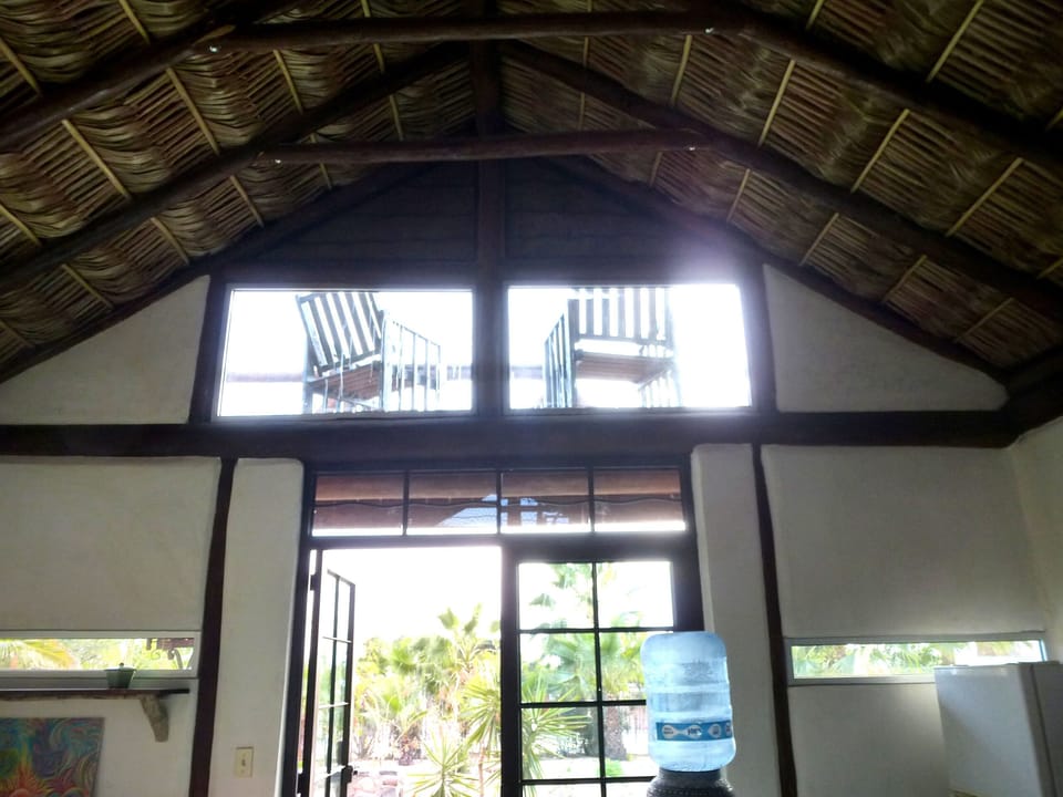 Tall, airy ceiling with palapa roof