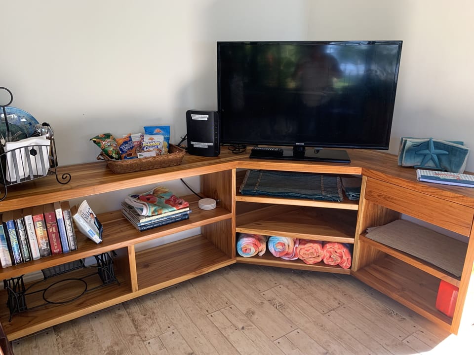 Media center with cable Smart TV, DVD player, books, games, and puzzles.