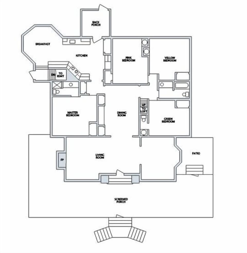 Main Level Floor Plan:  wrap-around screened in porch opens out to yard and lake