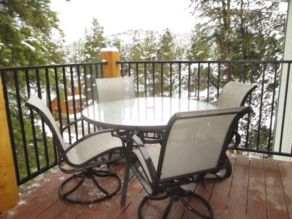 Patio table and swivel rocker chairs for lounging and eating outdoors up in the tree tops!