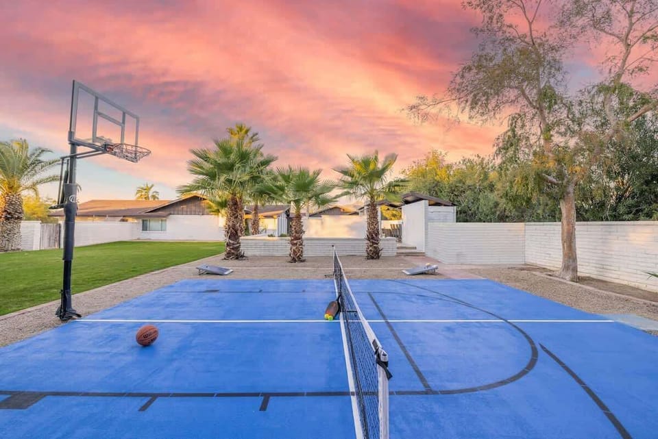Golden hour games in your private sports court, basketball & pickleball.