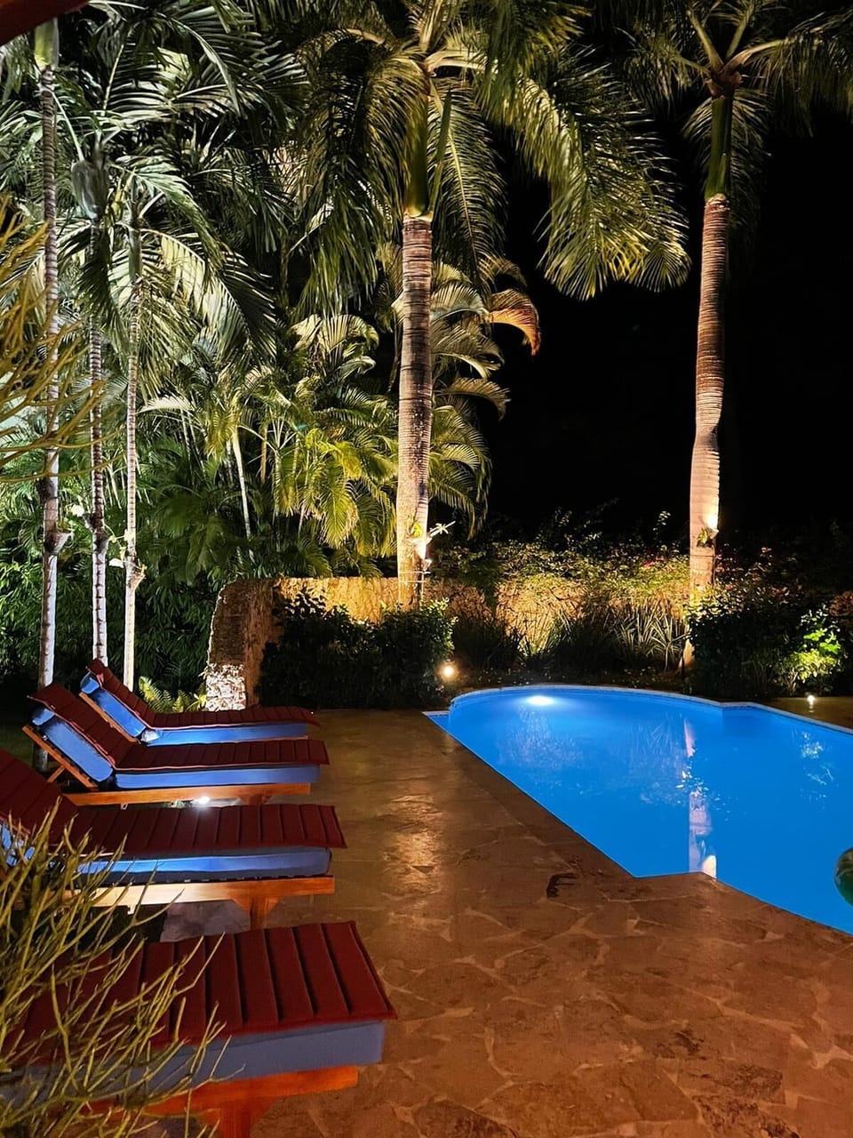 Landscape lighting at play after sunset  ask butler Alex for a poolside drink
