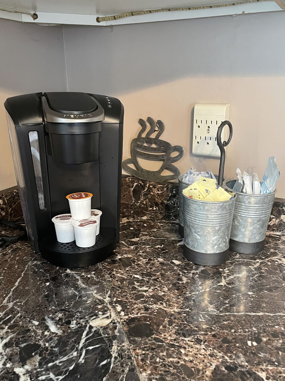 Enjoy our complimentary coffee bar with a new Keurig coffee maker and 4  K-cups!