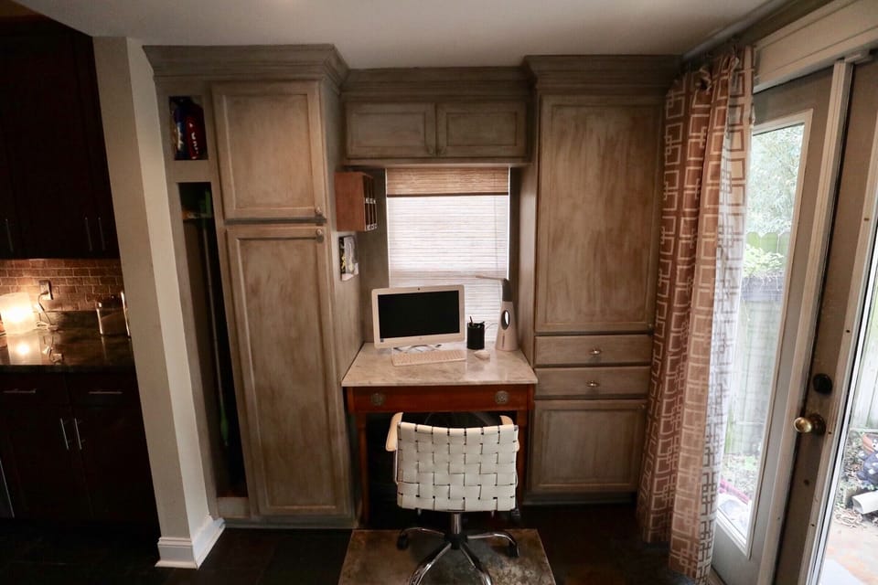 Office area, by back door. Computer on table is NOT for use: Thank you!