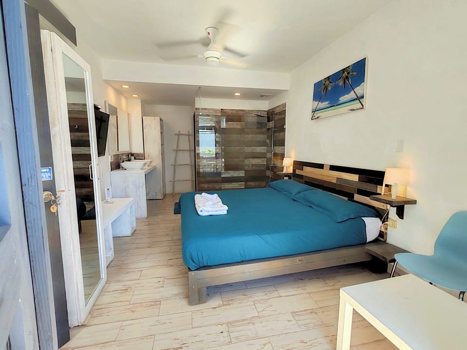 Bedroom with ceiling fan, A/C, TV, safe, closet, and en-suite bathroom.