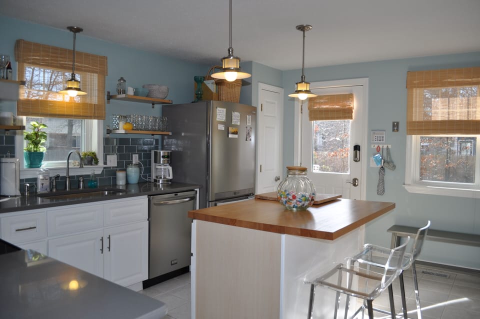 sunny kitchen with island seating