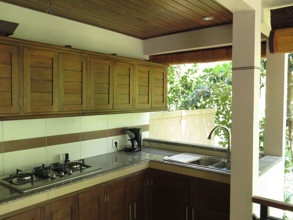 The kitchen with stainless cooktop & sink. Microwave and fridge are out of view.