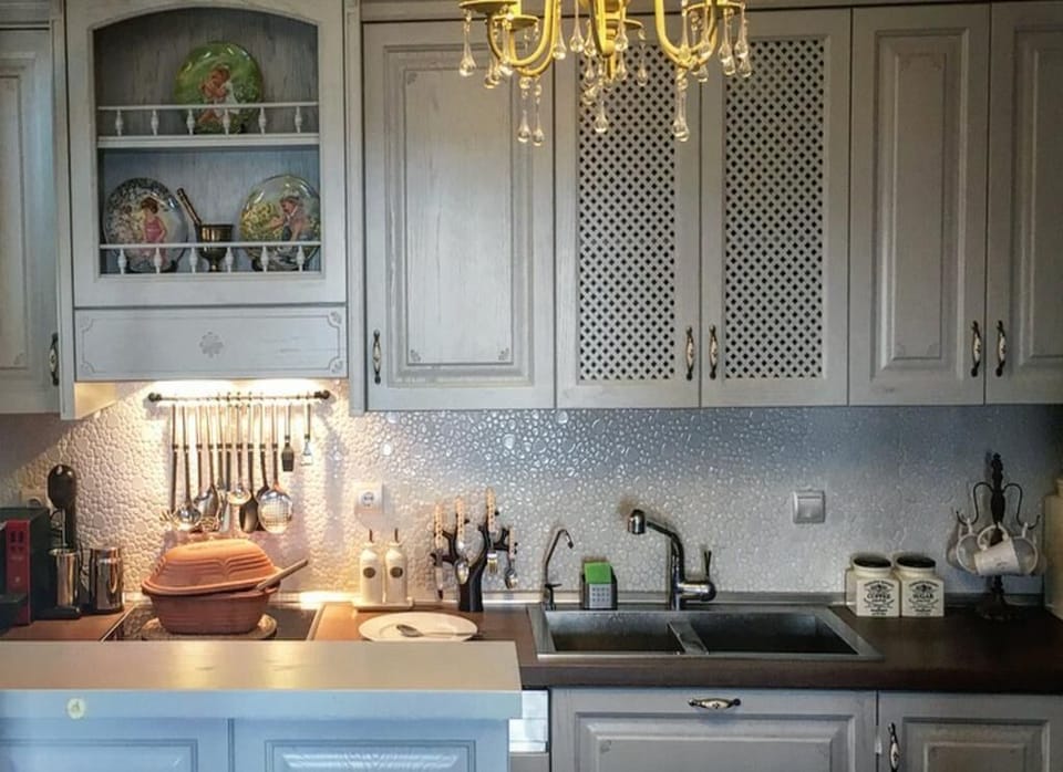 The rustic-style kitchen is fully equipped with all the utensils and appliances