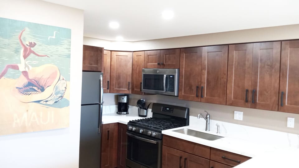 Kitchen fridge, stove and microwave