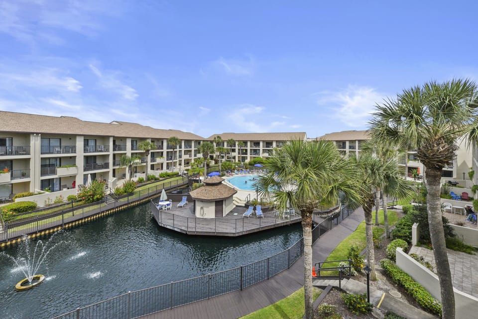 View of the heated pool and lagoon from the large balcony