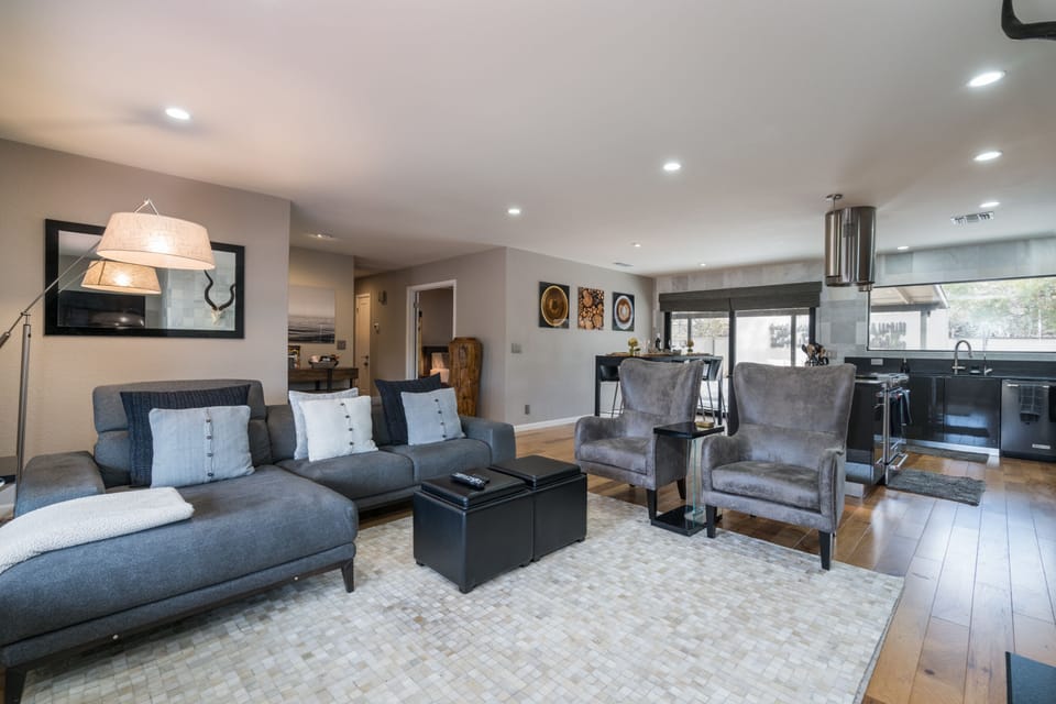 Great Room with Lovely Hardwood Floors Throughout