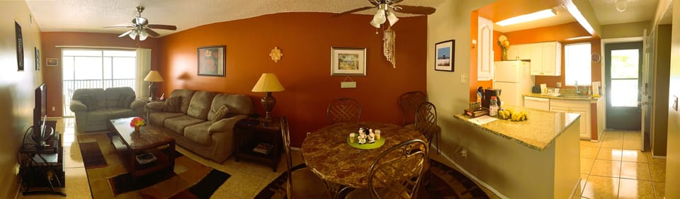Panoramic View of Living Room, Dinning Area & Kitchen