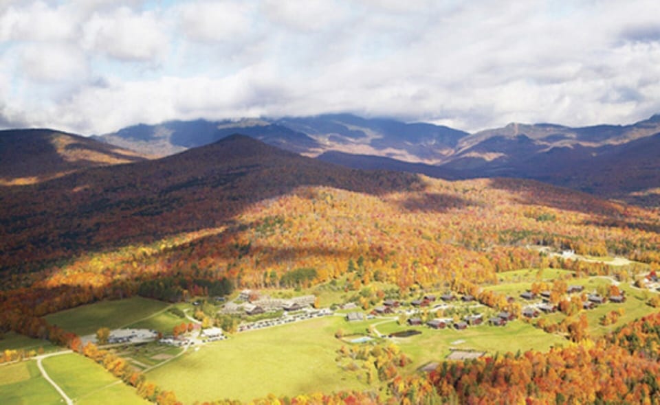 Aerial view of the Trapp Family Lodge Resort during Foliage season