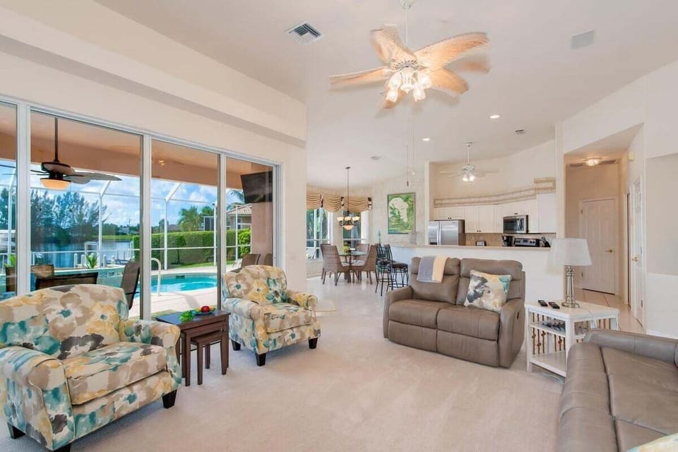 View of the living room and kitchen from the master bedroom