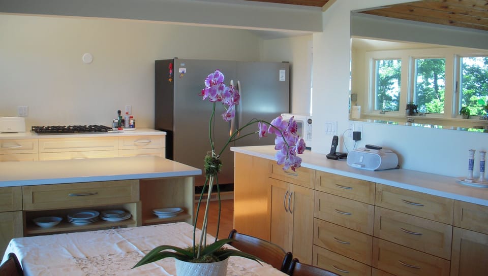open kitchen with Viking range and super sized fridge and freezer