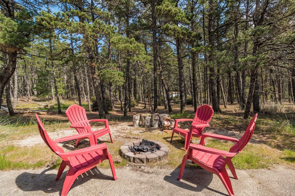 Gather around the stone fire pit in your private forest clearing, where red Adirondack chairs await your evening stories under towering pines.