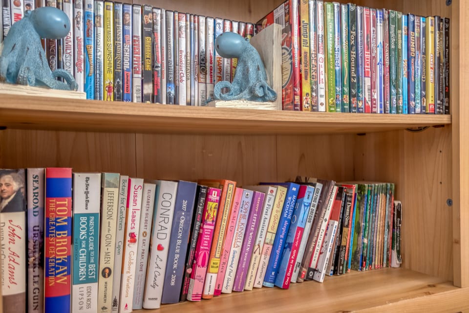 Bookshelf with assortment of entertainment