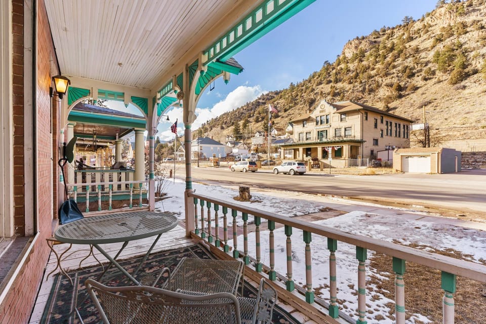 View from front porch: historic Elks Lodge at the base of a beautiful mountain