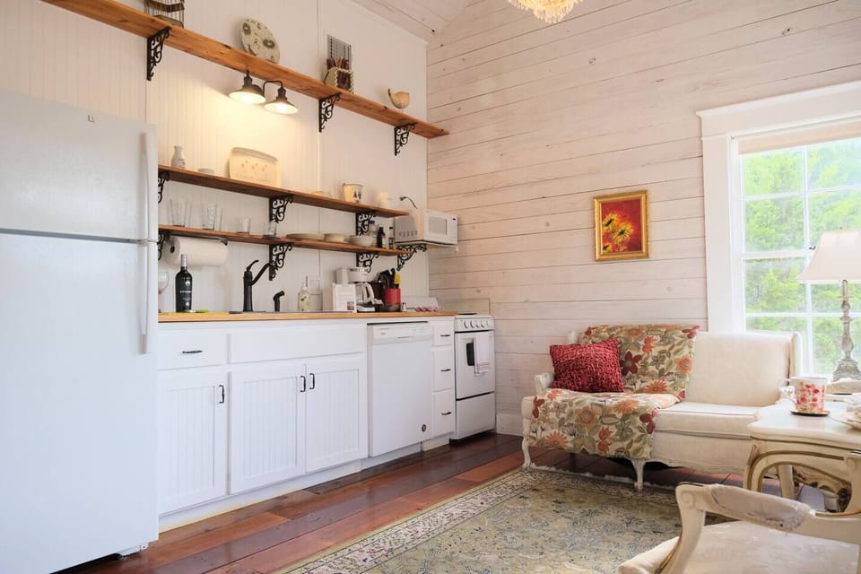 Yellow Rose cottage features a large kitchen for guests who plan on cooking in. Try our farm fresh eggs from the chicken coop! We stock coffee & filters, tea &  sugar.  