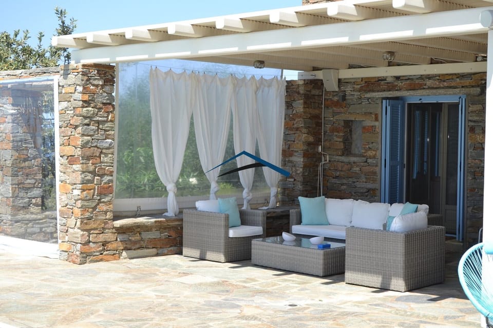 A shaded seating area near the pool