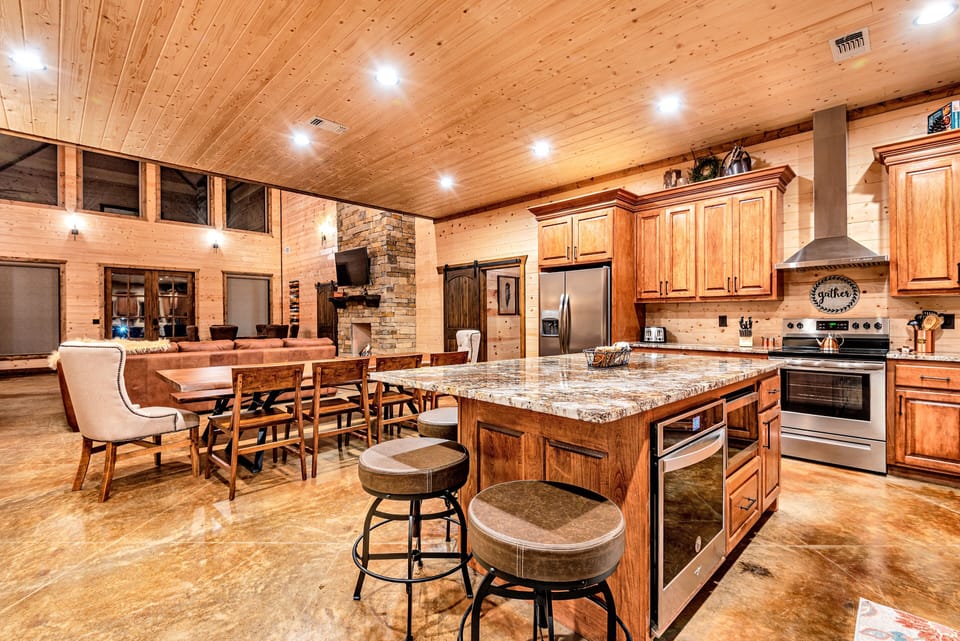 A formal dining area as well as seating at the bar top.
