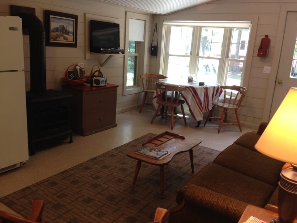 View of the living area and dining table from the back door