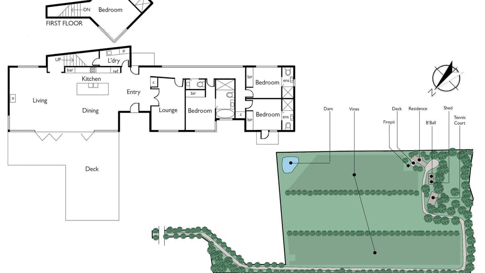 Floorplan - First Floor equates to 1 bedroom/bathroom, all others areas are on the ground floor. 