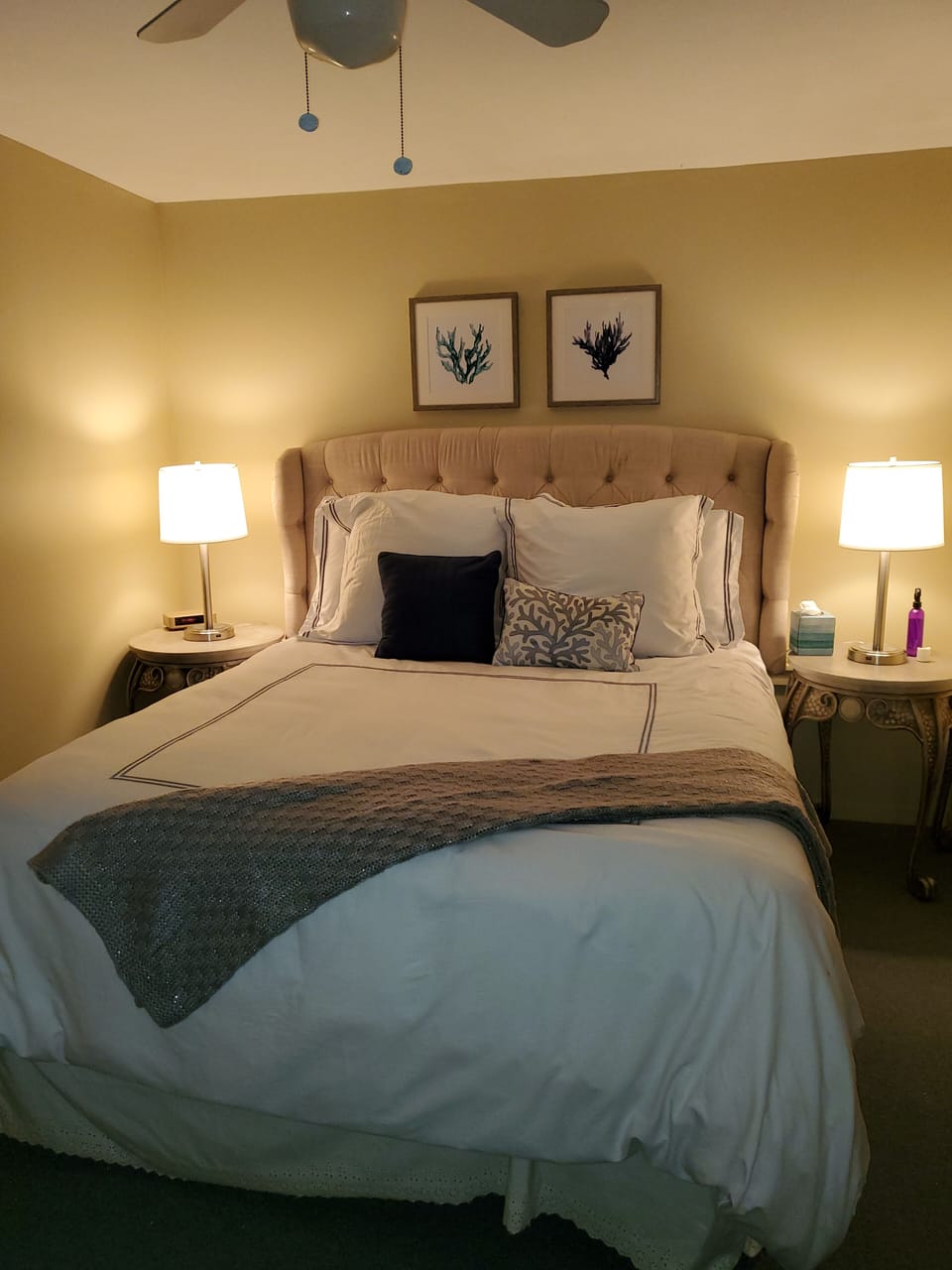 Cozy bedroom with tv (Roku) Lamps have USB for charging phones/tablets