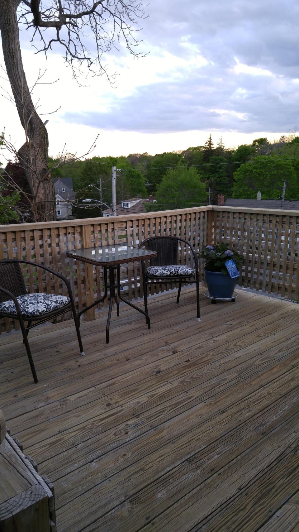 Spacious deck with view. Has gas BBQ