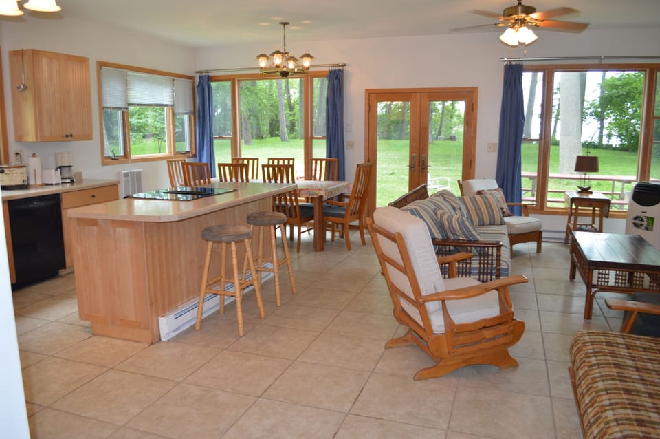 Great room of the Lake House.  Include kitchen, living room, and dining area