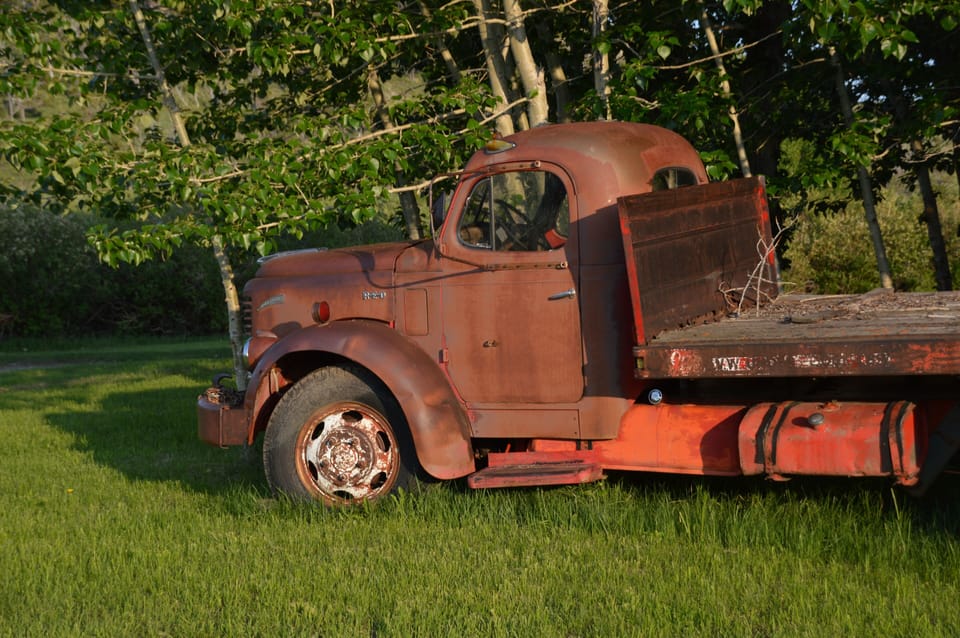 Vintage truck in ranch yard.
