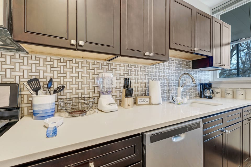 Porcelain tile surrounds this custom kitchen.