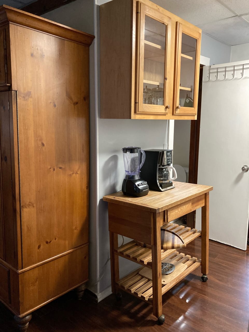 Butcher block w coffee maker and blender for summer smoothies!
