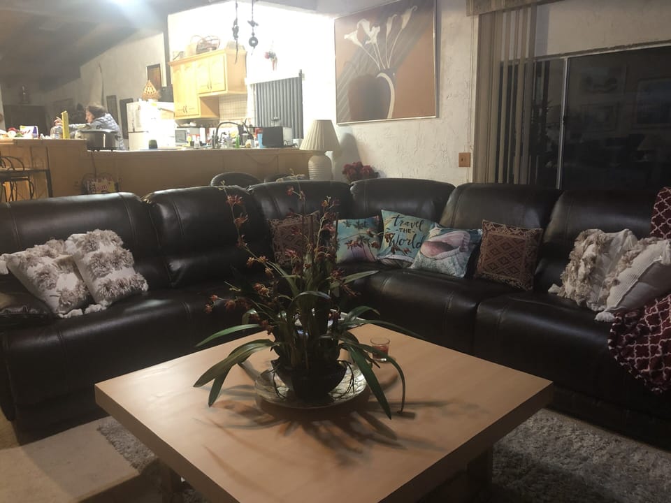 Living room new leather like couch  3 recliners. Very comfortable  sleep? 