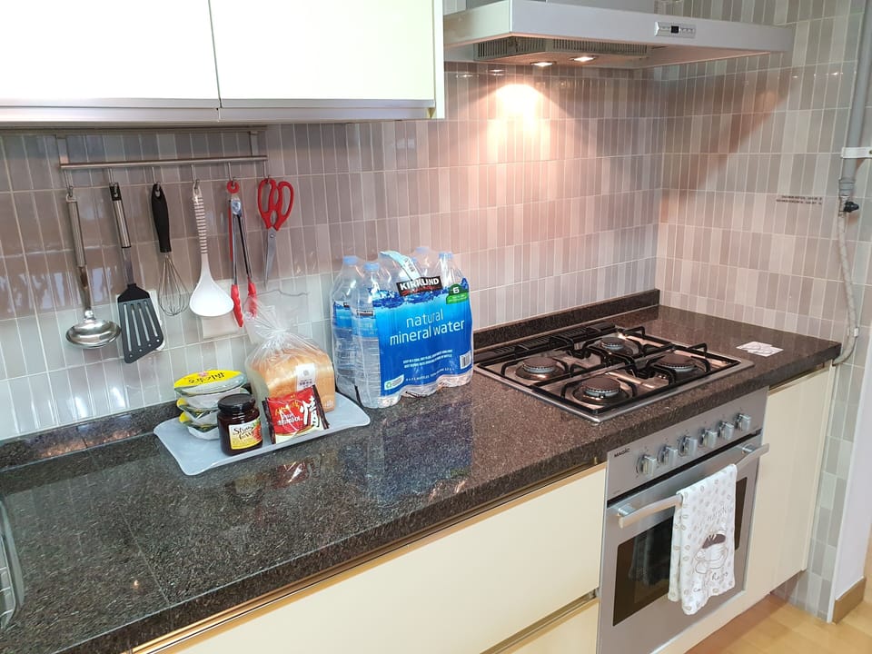 Kitchen with exhaust hood, gas stove & oven.  Dish washer under left countertop