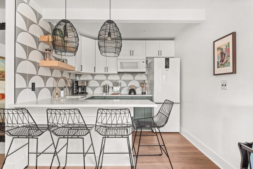 Kitchen with bar seating.
