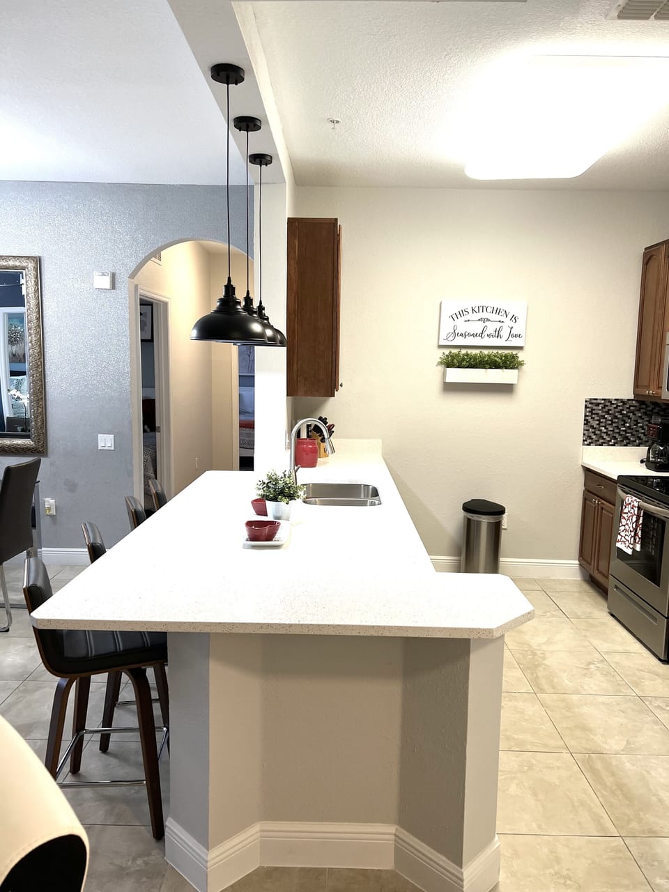 open kitchen with granite countertop
