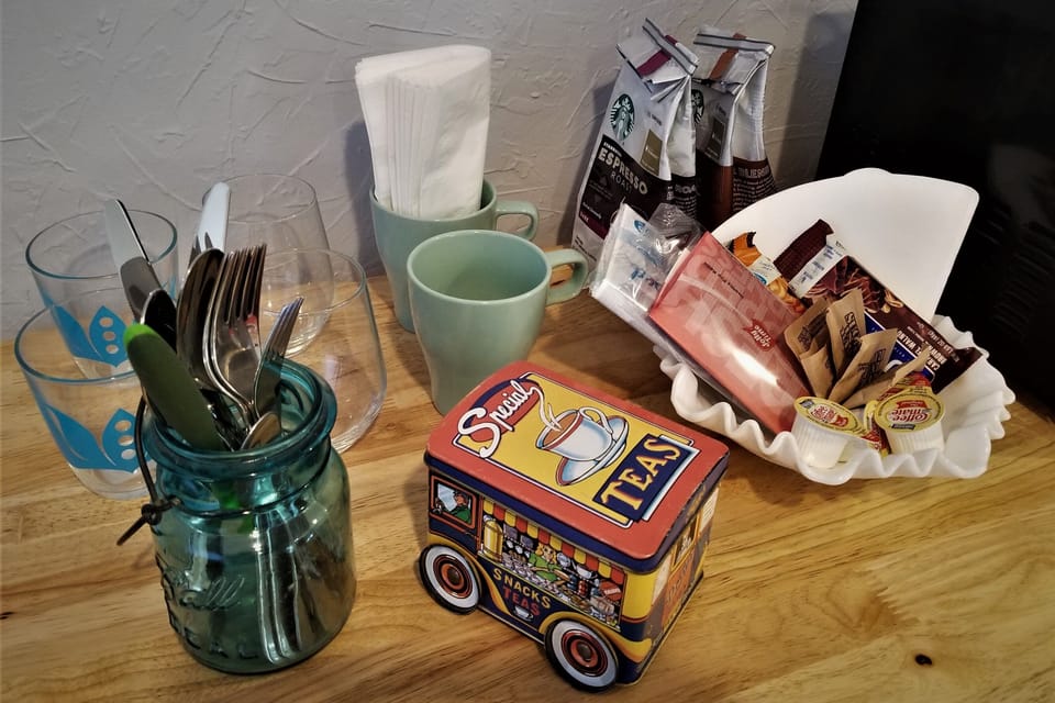 Tea, coffee, popcorn, oatmeal, nuts, other snacks.