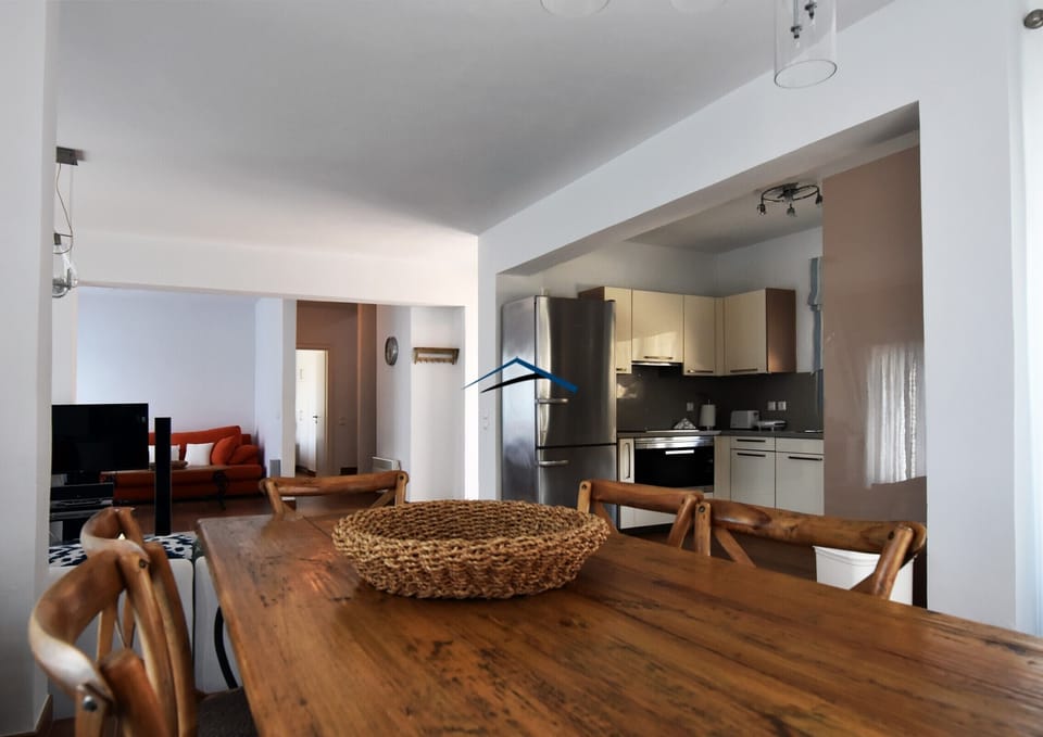 The dining area and the kitchen