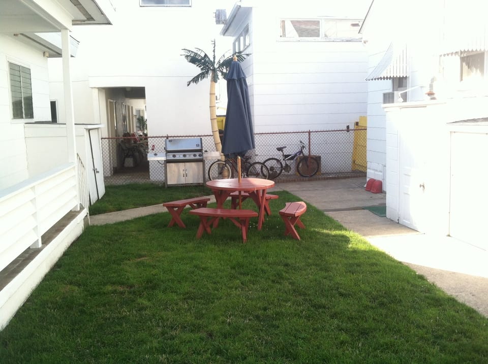 Rear yard with picnic table, grill, outside shower.