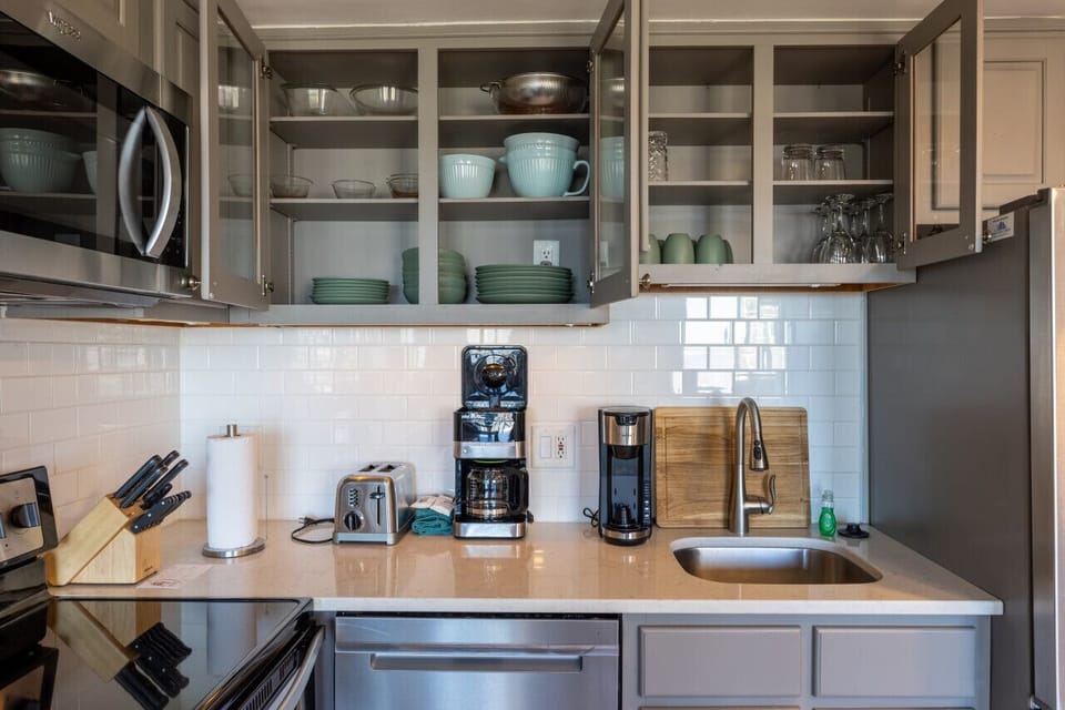 Remodeled kitchen is fully-equipped  with pots, pans & utensils.