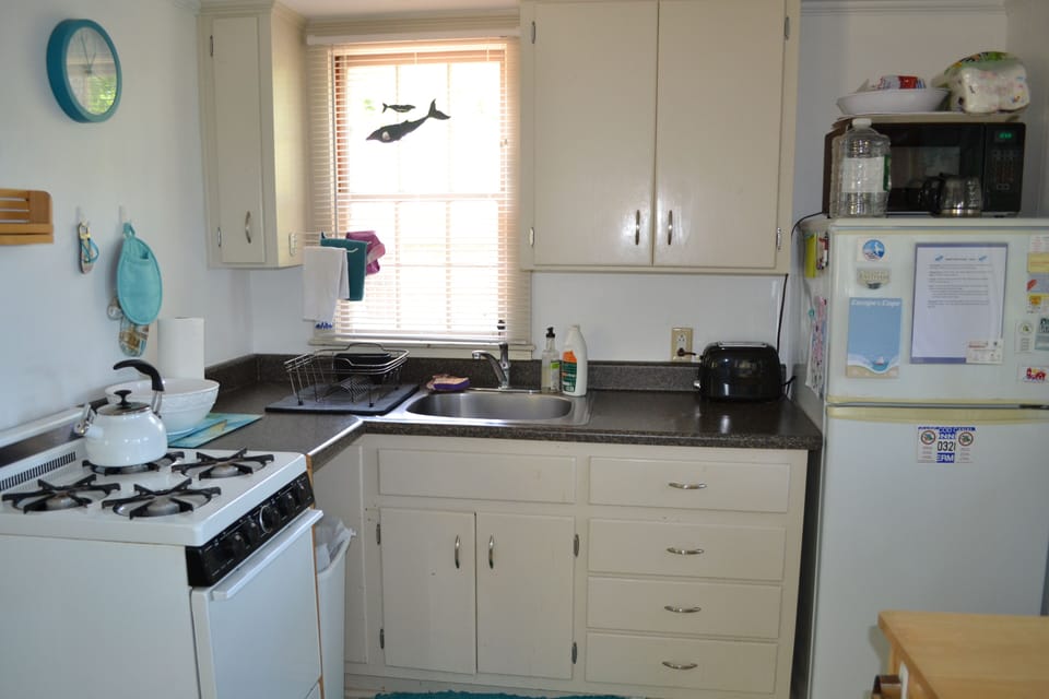 Fully equipped kitchen with refrigerator, stove, & microwave.