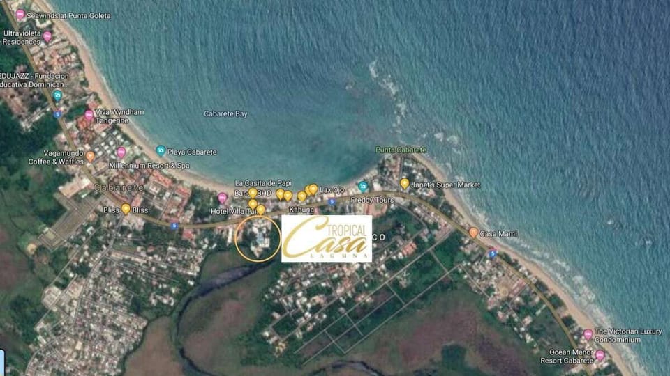 Our condo is truly in the center of it all! (All the yellow pins are the central beach strip of bars and restaurants). Save hundreds of dollars in cab fares by living in the heart of Cabarete!