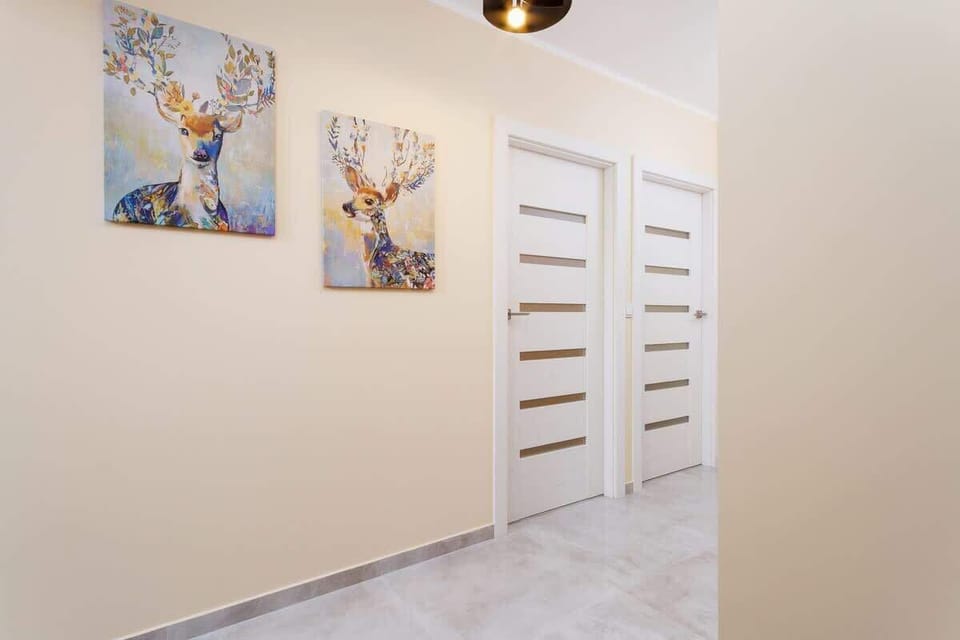 A hallway with a clean and modern design, featuring light-colored walls.