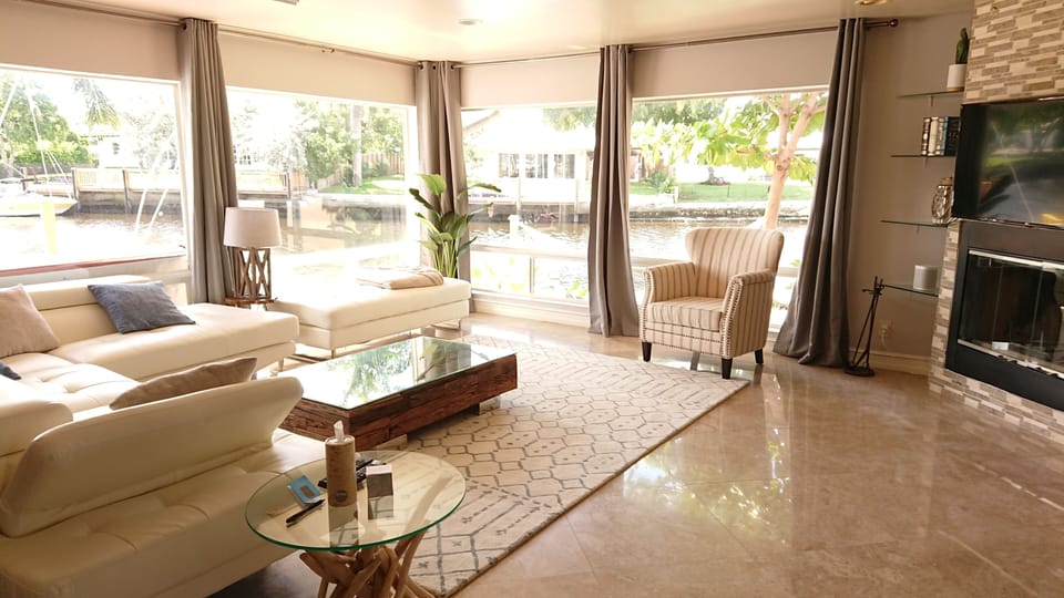 Living area with full water view.