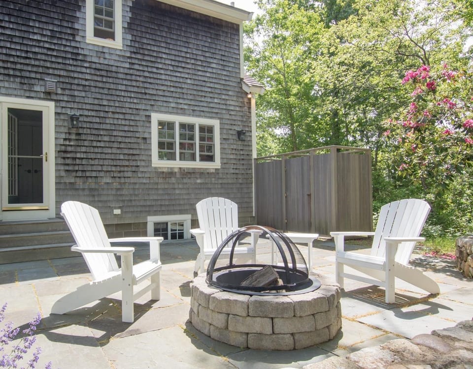 Blue slate patio, fire pit and enclosed outdoor shower