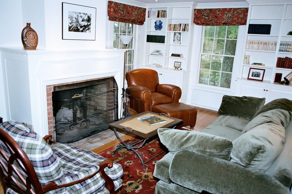 Living Room with wood-burning fireplace